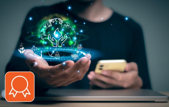 The Future of Work and Corporate Sustainability Remote-working Gen Z holds up digital globe with ESG icons, symbolizing the future of work.