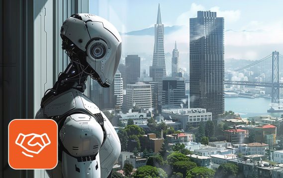 ai-reshaping-us-talent-hubs-hiring Concept image of a robot overlooking a US cityscape, showing AI in US hiring