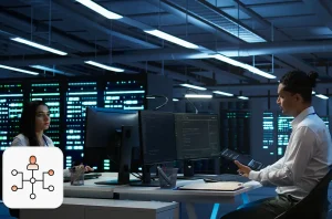 AI data center hiring concept: Two employees in a data center