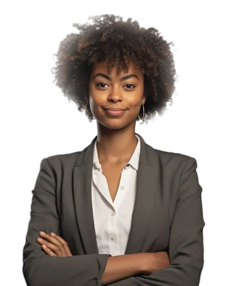 Multiply Your Force A professionally dressed woman with curly hair stands confidently with arms crossed, wearing a blazer over a white shirt, exuding professionalism and confidence.