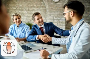 Healthcare hiring trends concept: Doctor shaking hands with hiring manager