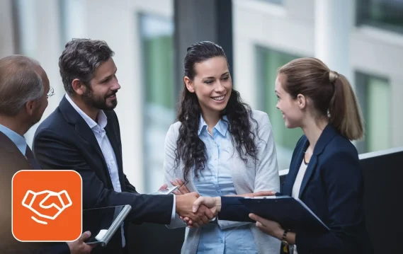 Office staff shaking hands and discussing a new project assignment