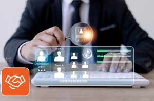 person with a magnifying glass looking at organization chart