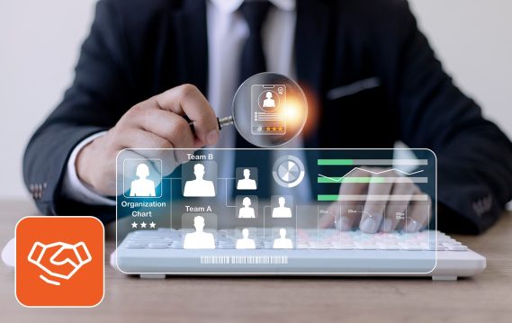 person with a magnifying glass looking at organization chart