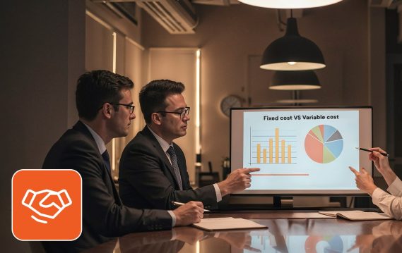 Executives reviewing fixed vs variable cost charts in a meeting.