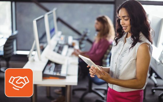 Recruiter with tab offering vendor on premise staffing service