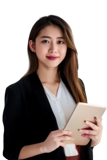 Navigate your next move A woman in a black blazer holding a tablet, standing with a confident posture against a plain background, exuding professionalism.