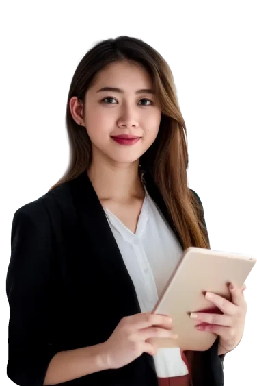 A woman in a black blazer holding a tablet, standing with a confident posture against a plain background, exuding professionalism.