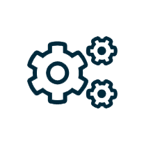 Three interconnected gears of varying sizes shown in a simple, minimalist line drawing. The largest gear is on the left with two smaller gears on its top right and bottom right sides. All gears have a bold outline with white interiors on a white background.