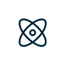 A stylized icon of an atom, depicted with a central nucleus and three elliptical orbits surrounding it, representing electrons. The lines are simple and clean, and the icon is in dark blue against a white background.