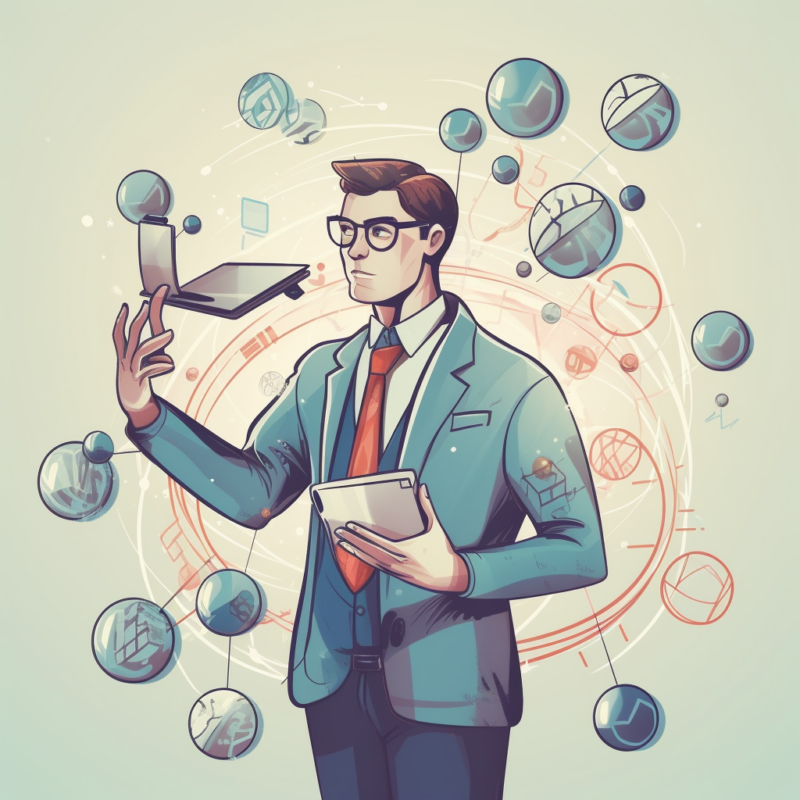an illustration of a project manager juggling lots of balls in the air as they manage IT projects